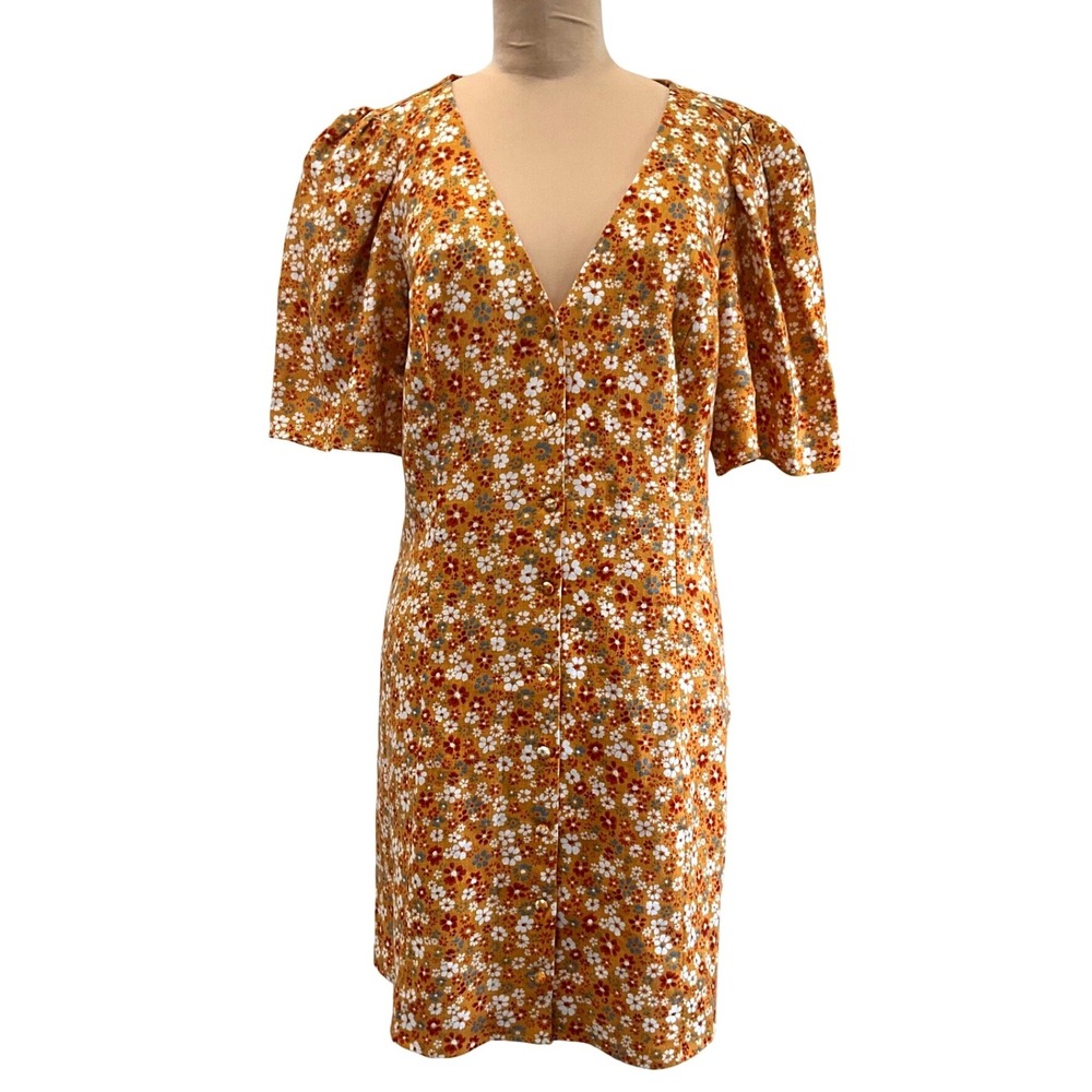Reformation Linen Floral Resort Boho Dress Puff Sleeve Cottagecore Womens 12‎